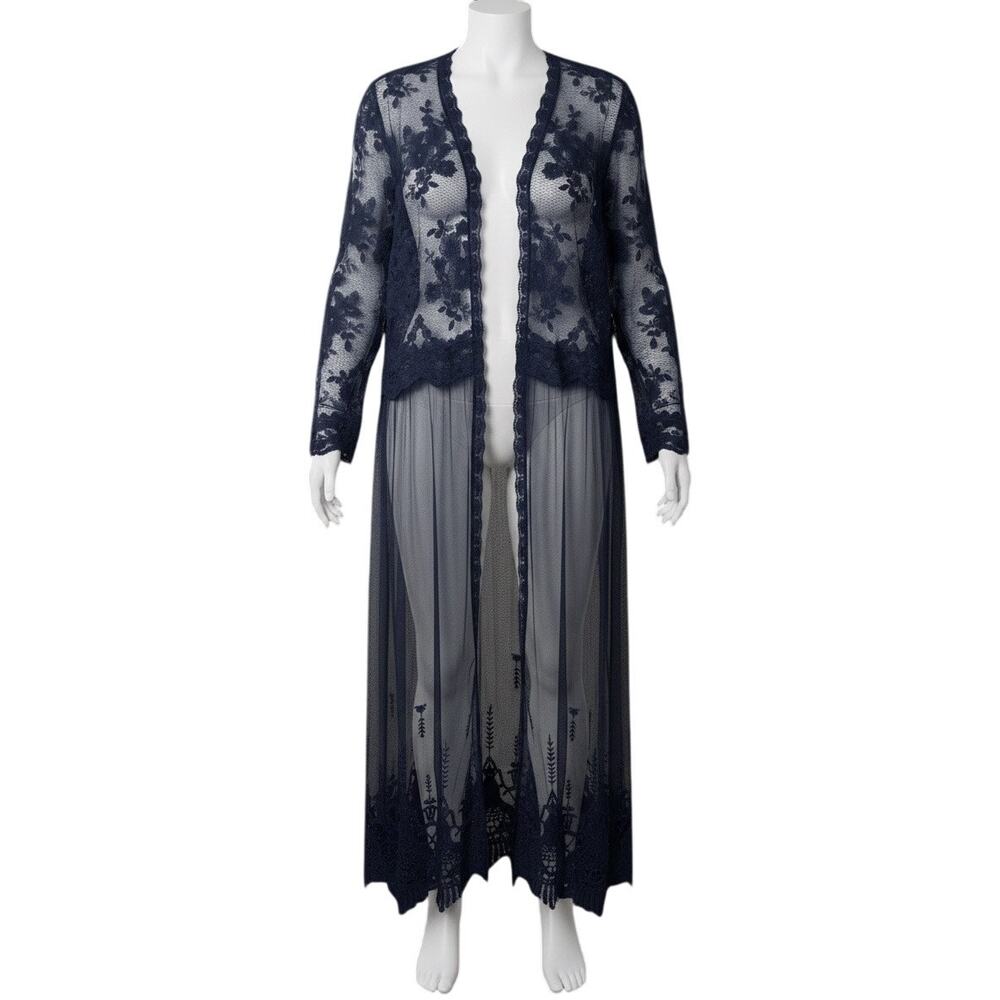 Indigo Thread Co. Women's Navy Mesh Long Sleeve Embroidered Duster Cardigan L